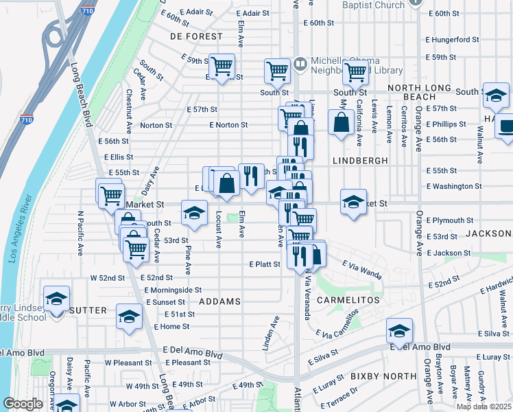 map of restaurants, bars, coffee shops, grocery stores, and more near 436 East Market Street in Long Beach