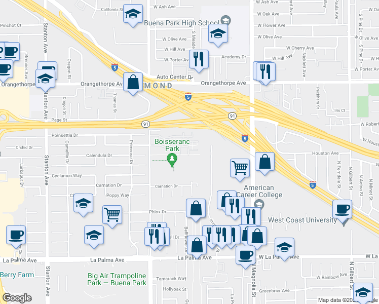 map of restaurants, bars, coffee shops, grocery stores, and more near 2697 West Parkside Lane in Anaheim