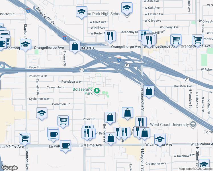map of restaurants, bars, coffee shops, grocery stores, and more near 2697 West Parkside Lane in Anaheim