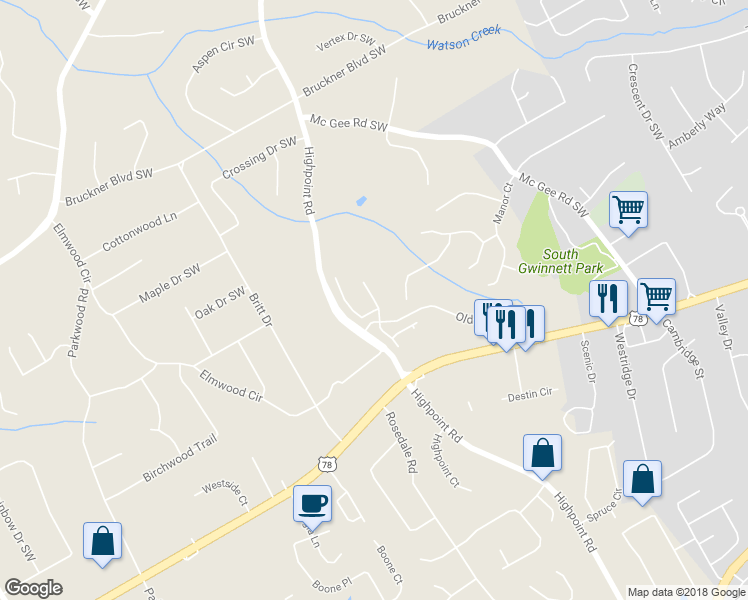 map of restaurants, bars, coffee shops, grocery stores, and more near Turnbury Glen Walk Southwest in Snellville