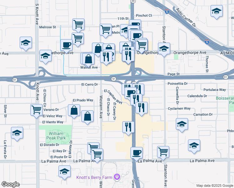 map of restaurants, bars, coffee shops, grocery stores, and more near 7650 El Capitan Way in Buena Park