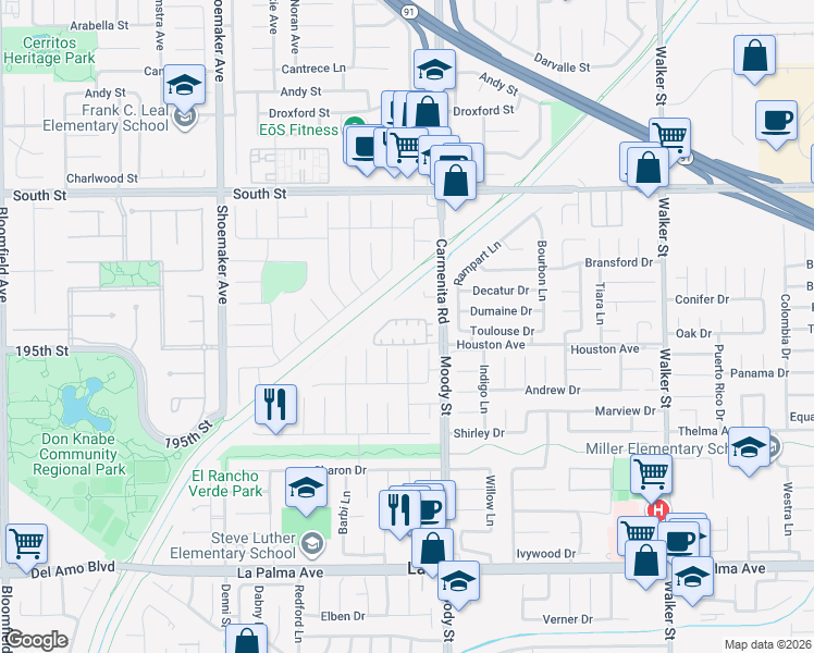 map of restaurants, bars, coffee shops, grocery stores, and more near 7501 Silverado Lane in La Palma