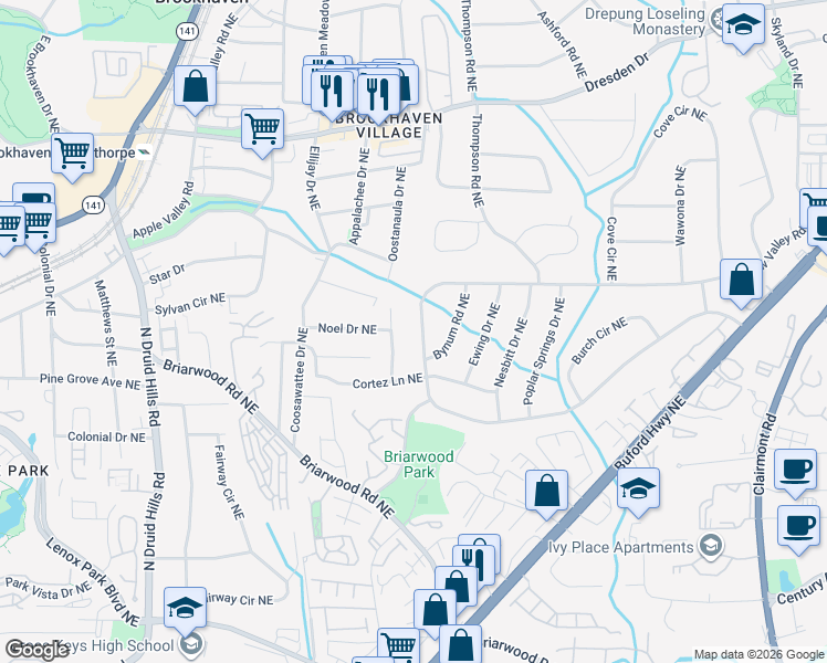 map of restaurants, bars, coffee shops, grocery stores, and more near 2336 Drew Valley Road Northeast in Atlanta