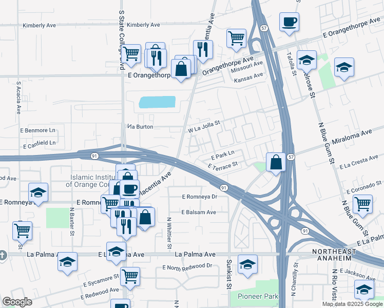 map of restaurants, bars, coffee shops, grocery stores, and more near 1080 Driftwood Circle in Placentia