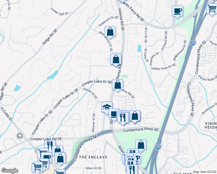 map of restaurants, bars, coffee shops, grocery stores, and more near 4078 Thorndale Lane in Smyrna