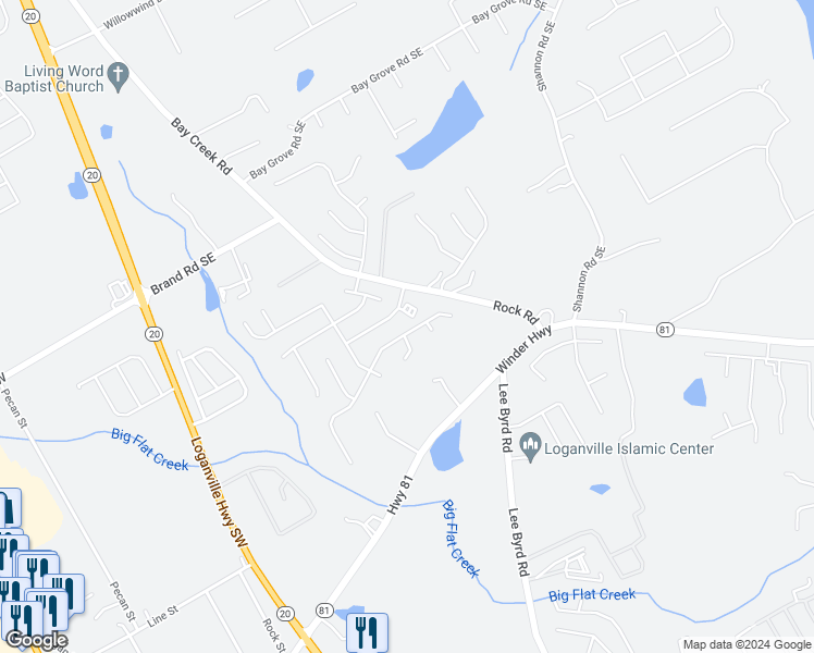 map of restaurants, bars, coffee shops, grocery stores, and more near 318 Baymist Drive in Loganville