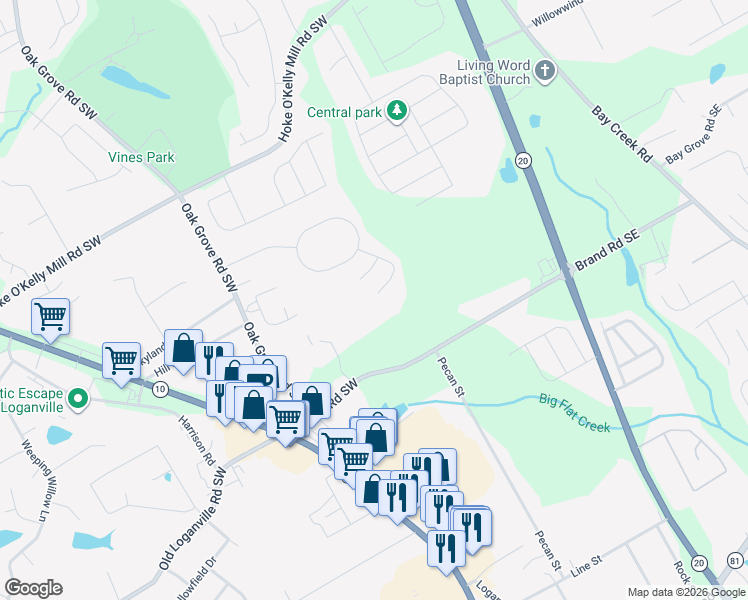 map of restaurants, bars, coffee shops, grocery stores, and more near 166 Shadowhill Lane Southwest in Loganville