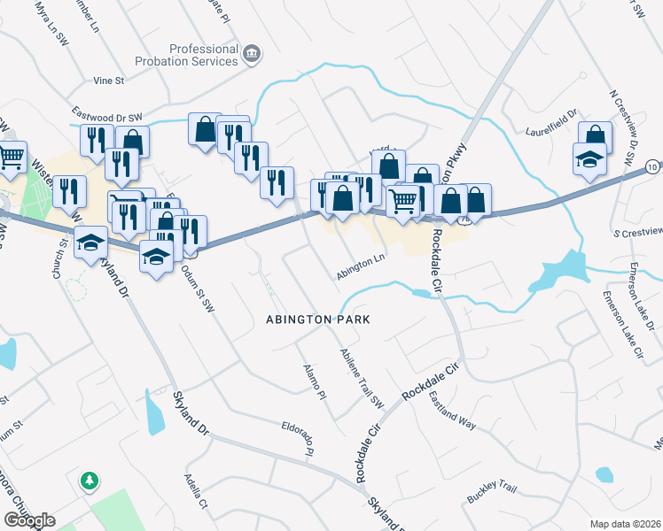 map of restaurants, bars, coffee shops, grocery stores, and more near 2655 Cindy Lane Southwest in Snellville