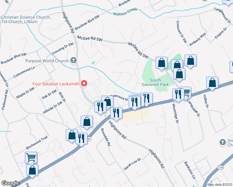 map of restaurants, bars, coffee shops, grocery stores, and more near 3080 Westpoint Cir in Snellville