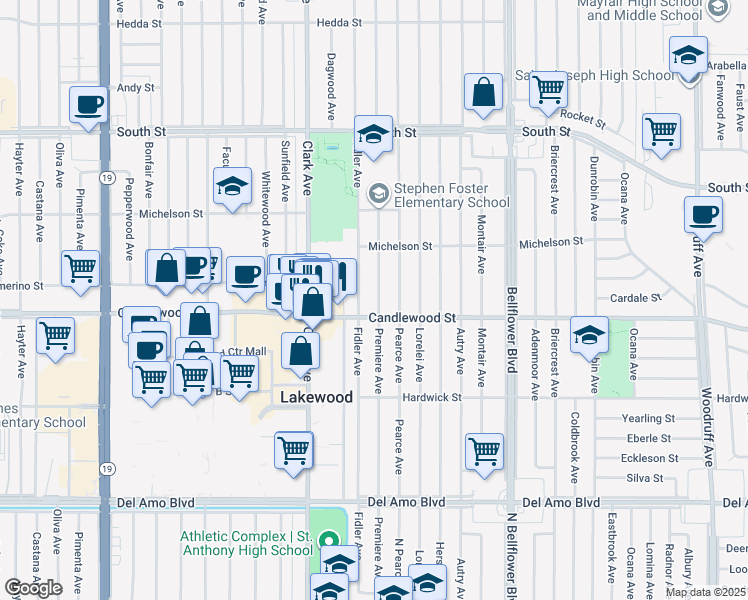 map of restaurants, bars, coffee shops, grocery stores, and more near 5319 Premiere Avenue in Lakewood