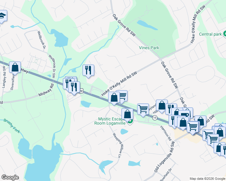 map of restaurants, bars, coffee shops, grocery stores, and more near 461 Sweet Ashley Way in Loganville