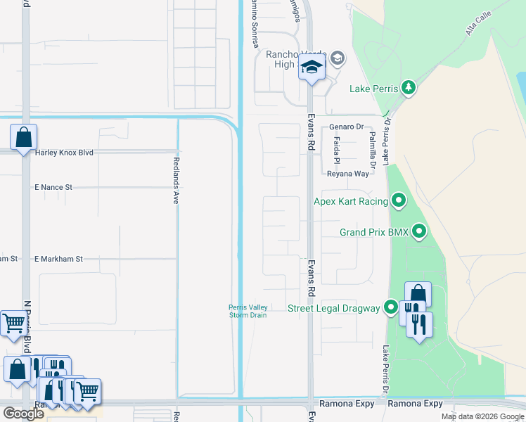 map of restaurants, bars, coffee shops, grocery stores, and more near Birdie Court in Perris