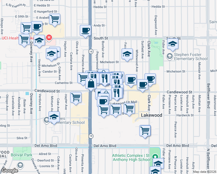 map of restaurants, bars, coffee shops, grocery stores, and more near 5403 Blackthorne Avenue in Lakewood
