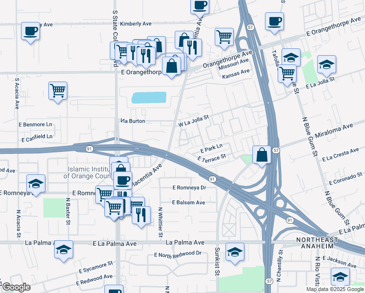 map of restaurants, bars, coffee shops, grocery stores, and more near 1080 Driftwood Circle in Placentia