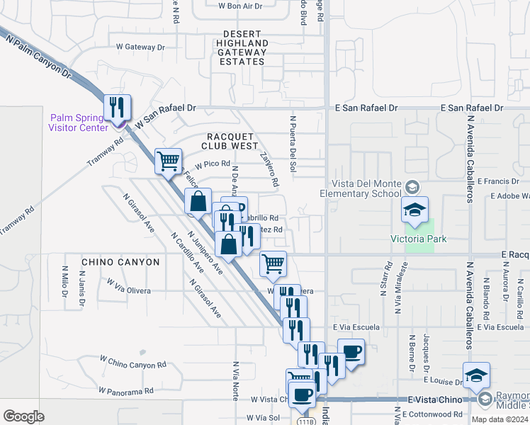 map of restaurants, bars, coffee shops, grocery stores, and more near 360 Cabrillo Road in Palm Springs