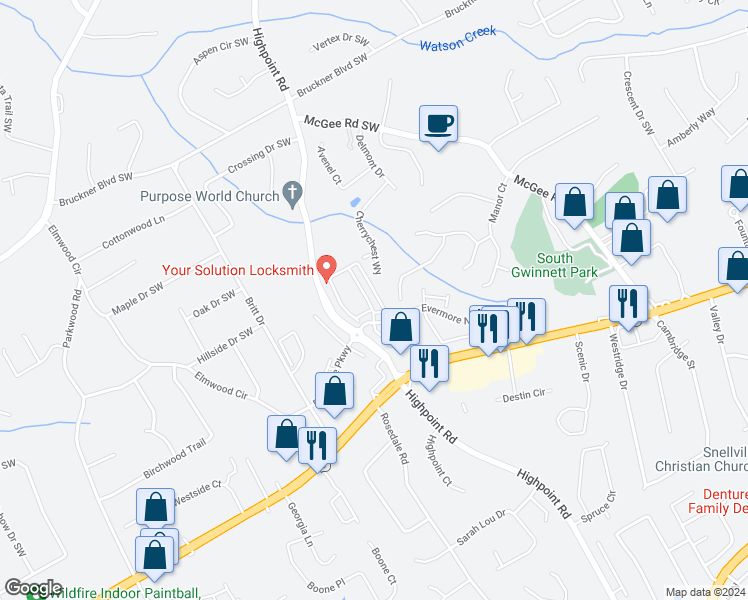 map of restaurants, bars, coffee shops, grocery stores, and more near 2312 Turnbury Glen Walk Southwest in Snellville