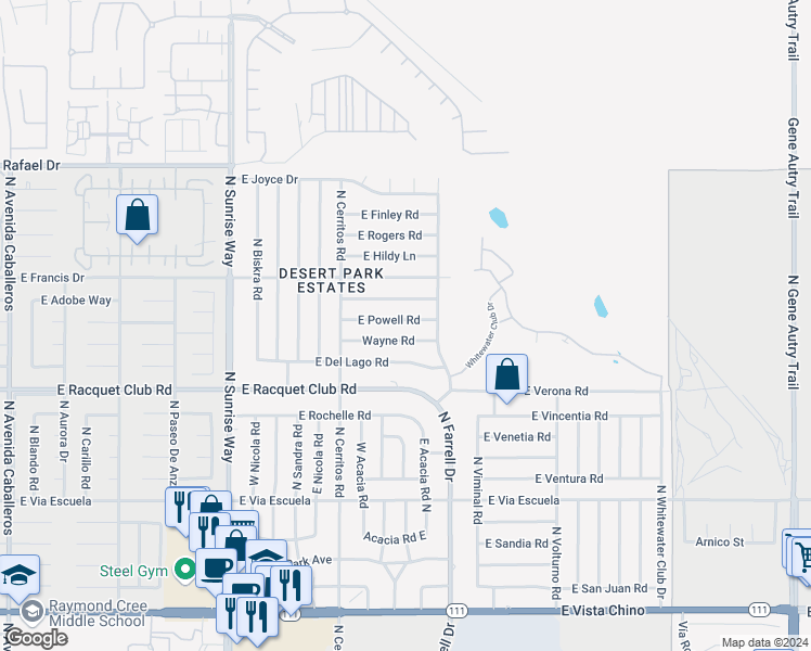 map of restaurants, bars, coffee shops, grocery stores, and more near 2347 East Bellamy Road in Palm Springs