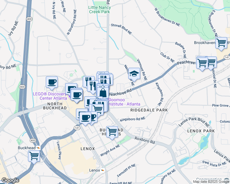 map of restaurants, bars, coffee shops, grocery stores, and more near 3648 Peachtree Road Northeast in Atlanta
