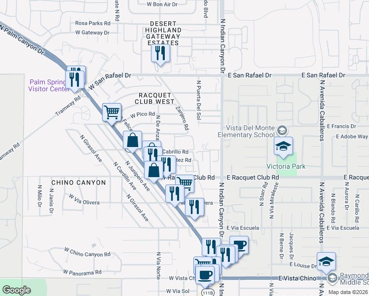 map of restaurants, bars, coffee shops, grocery stores, and more near 360 Cabrillo Road in Palm Springs