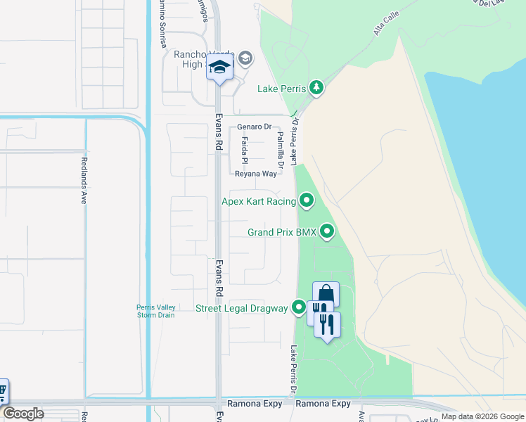 map of restaurants, bars, coffee shops, grocery stores, and more near 865 Volande Court in Perris