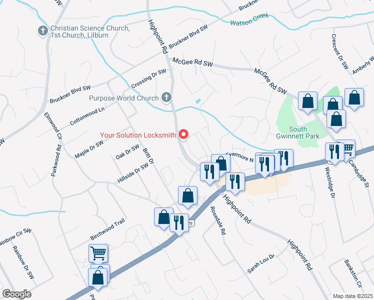map of restaurants, bars, coffee shops, grocery stores, and more near 2159 Baywood Tree Lane Southwest in Snellville