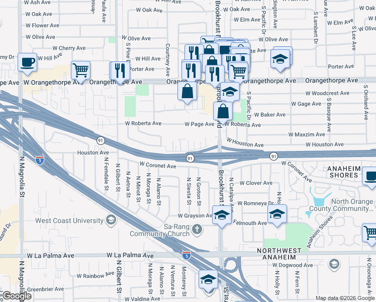 map of restaurants, bars, coffee shops, grocery stores, and more near 1905 West Houston Avenue in Fullerton