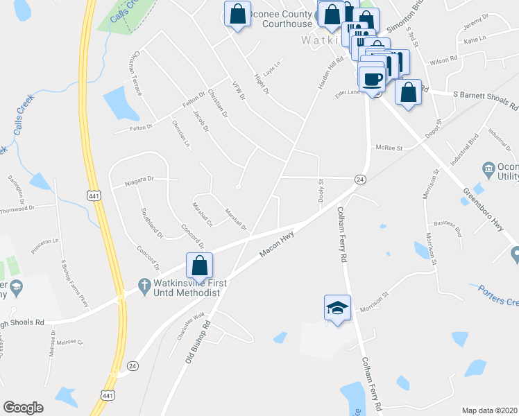 map of restaurants, bars, coffee shops, grocery stores, and more near 105 Harden Hill Road in Watkinsville