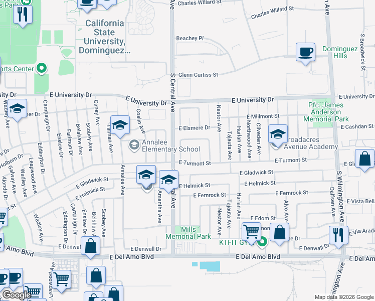 map of restaurants, bars, coffee shops, grocery stores, and more near 19411 Midtown Avenue in Carson