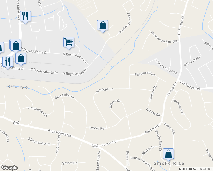 map of restaurants, bars, coffee shops, grocery stores, and more near 5236 Antelope Lane in Stone Mountain