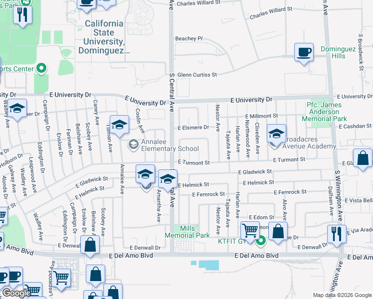 map of restaurants, bars, coffee shops, grocery stores, and more near 19411 Midtown Avenue in Carson