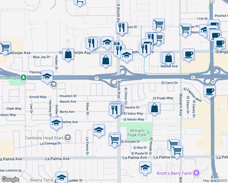 map of restaurants, bars, coffee shops, grocery stores, and more near 6941 Houston Street in Buena Park