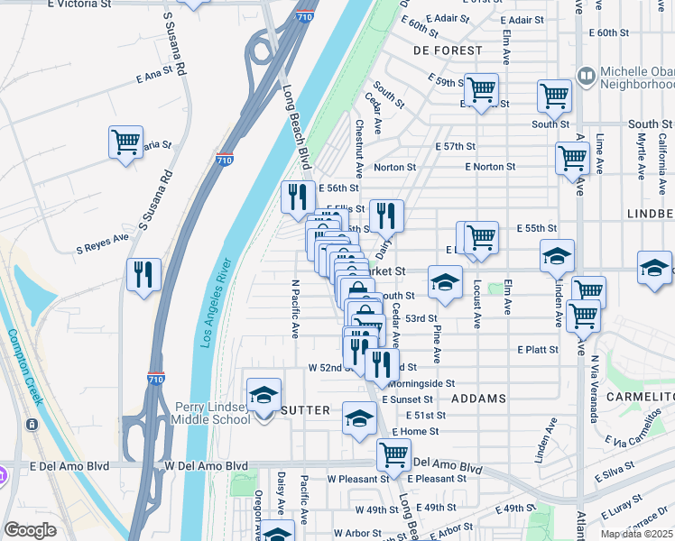 map of restaurants, bars, coffee shops, grocery stores, and more near 1 Market Street in Long Beach