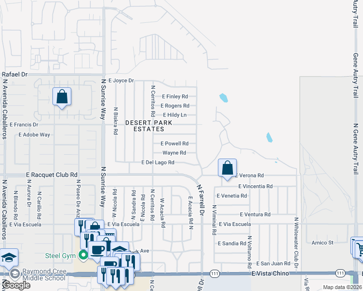 map of restaurants, bars, coffee shops, grocery stores, and more near 2347 East Bellamy Road in Palm Springs