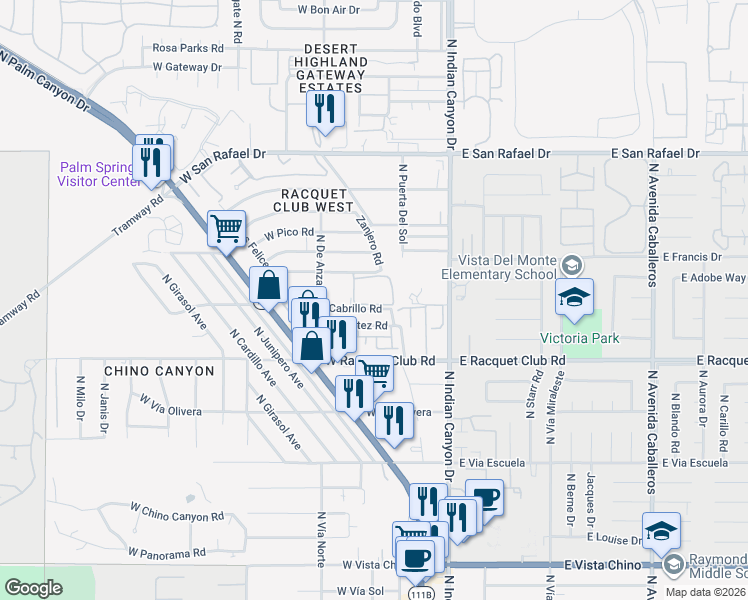 map of restaurants, bars, coffee shops, grocery stores, and more near 360 Cabrillo Road in Palm Springs