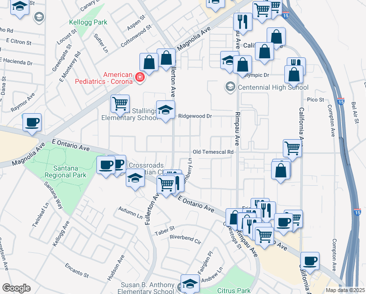 map of restaurants, bars, coffee shops, grocery stores, and more near 2002 Turnberry Lane in Corona