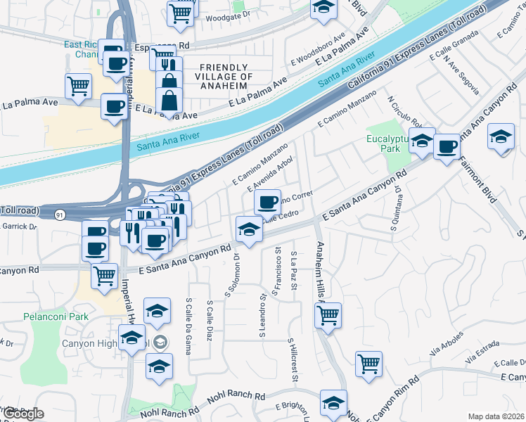 map of restaurants, bars, coffee shops, grocery stores, and more near 6025 East Camino Correr in Anaheim