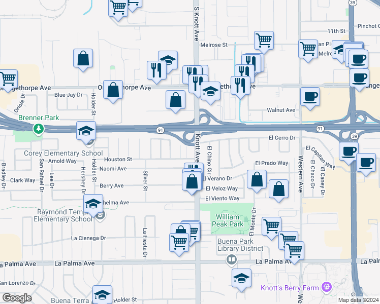 map of restaurants, bars, coffee shops, grocery stores, and more near 7411 Mohawk Circle in Buena Park