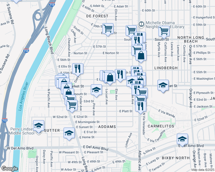 map of restaurants, bars, coffee shops, grocery stores, and more near 310 East Louise Street in Long Beach