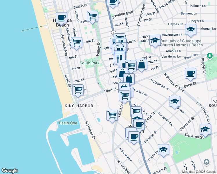 map of restaurants, bars, coffee shops, grocery stores, and more near 621 1st Street in Hermosa Beach