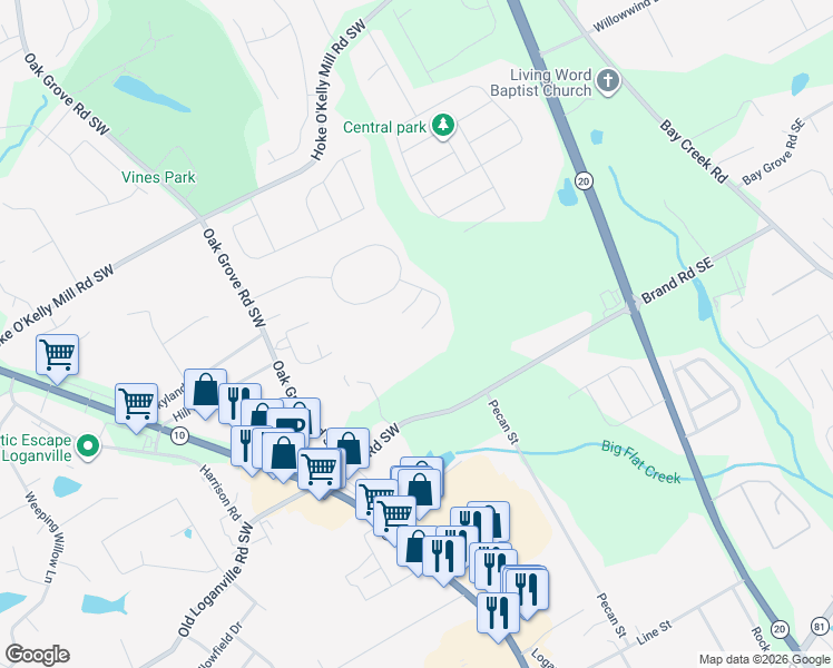 map of restaurants, bars, coffee shops, grocery stores, and more near 166 Shadowhill Lane Southwest in Loganville