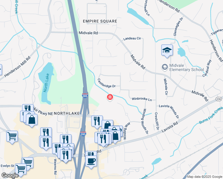 map of restaurants, bars, coffee shops, grocery stores, and more near 3563 Castleridge Drive in Tucker