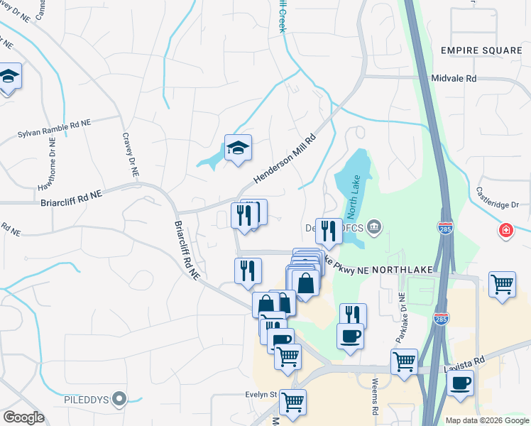 map of restaurants, bars, coffee shops, grocery stores, and more near 2361 Henderson Mill Road in Atlanta