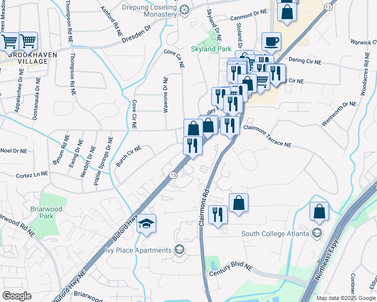 map of restaurants, bars, coffee shops, grocery stores, and more near 1983 Drew Valley Road Northeast in Atlanta