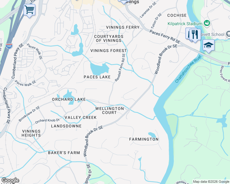 map of restaurants, bars, coffee shops, grocery stores, and more near 4055 Randall Farm Road Southeast in Atlanta