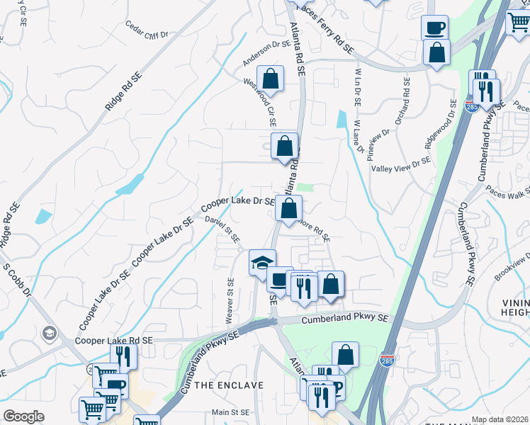 map of restaurants, bars, coffee shops, grocery stores, and more near 4076 Thorndale Lane in Smyrna