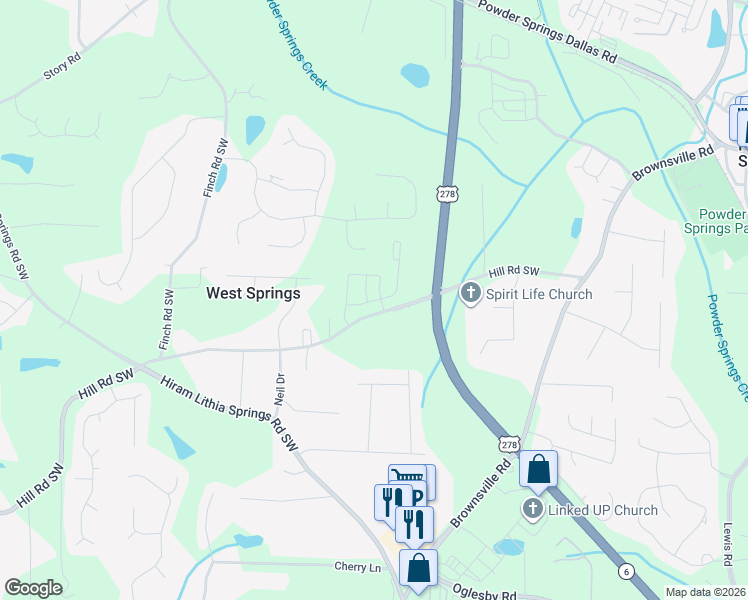 map of restaurants, bars, coffee shops, grocery stores, and more near 5030 Hill Road in Powder Springs