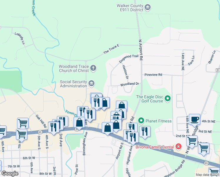 map of restaurants, bars, coffee shops, grocery stores, and more near 406 Dogwood Trail in Jasper