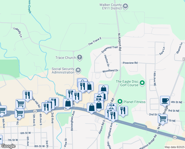 map of restaurants, bars, coffee shops, grocery stores, and more near 406 Dogwood Trail in Jasper