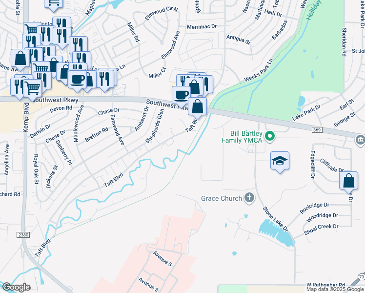 map of restaurants, bars, coffee shops, grocery stores, and more near 5201 Taft Boulevard in Wichita Falls