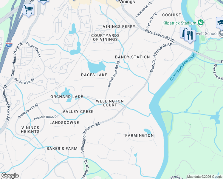 map of restaurants, bars, coffee shops, grocery stores, and more near 4055 Randall Farm Road Southeast in Atlanta